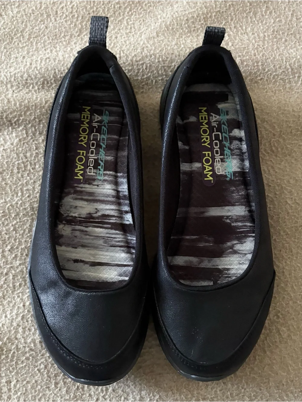 Skechers memory foam faux leather black slip on flats